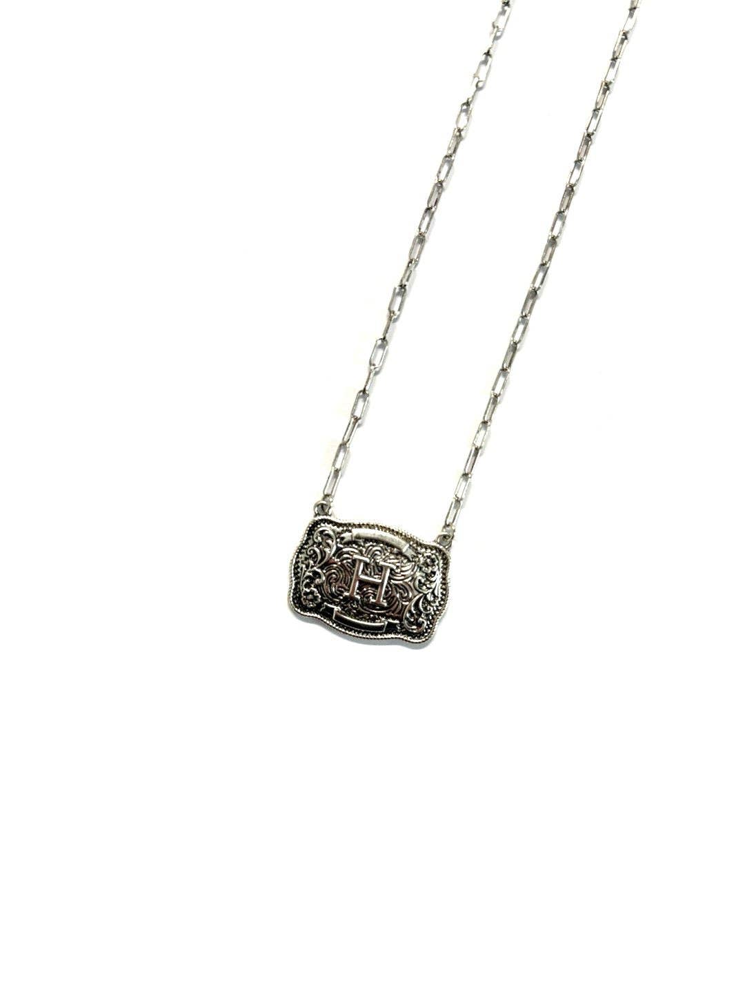 Western Belt Buckle Initial Necklace: V