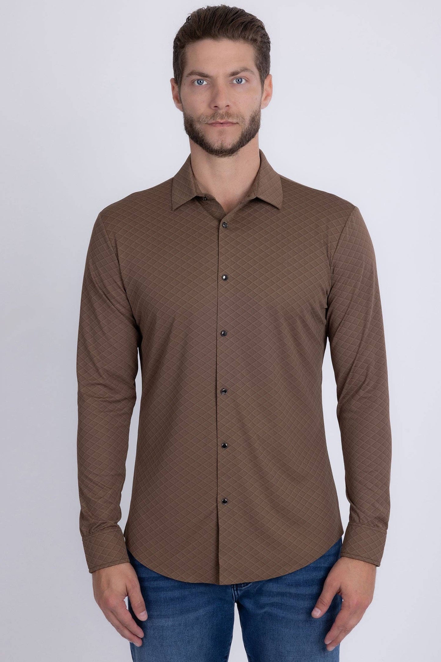 Napoleone Patterned Long Sleeve Shirt: Coffee