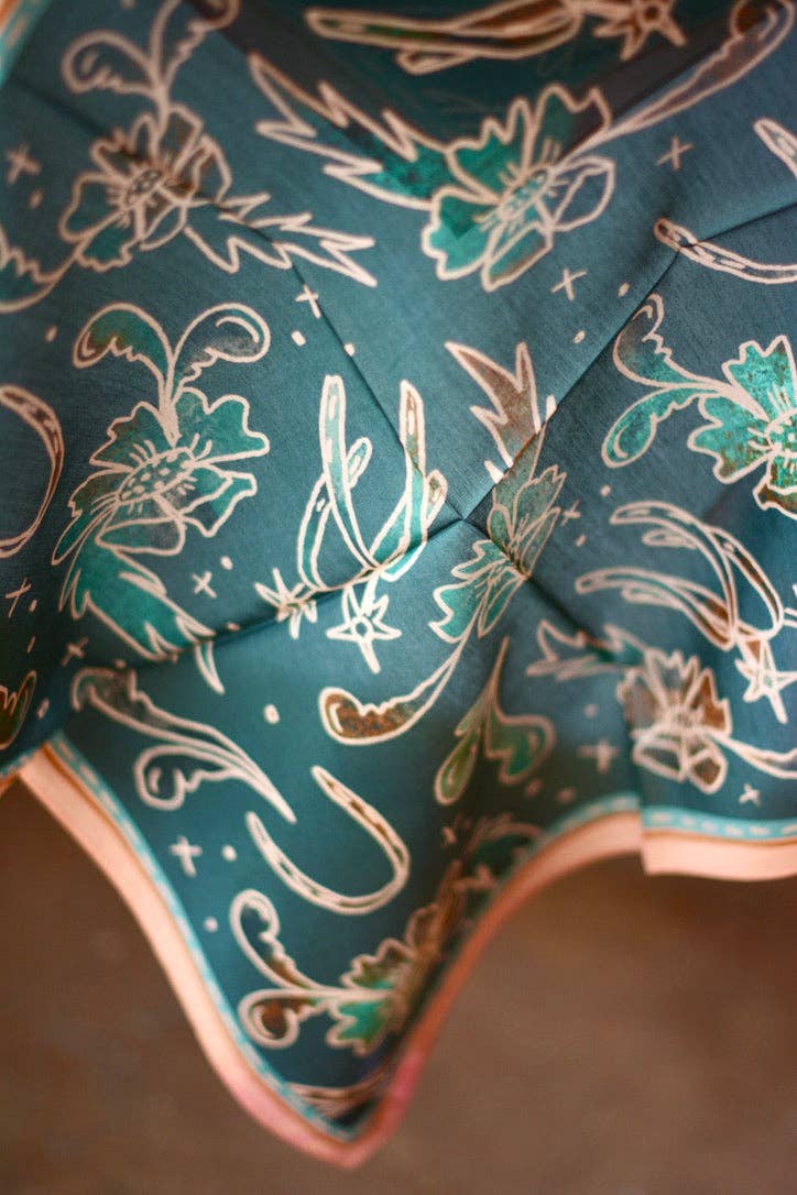 SPURS AND FLORAL TURUOISE AND PEACH WESTERN SILK WILD RAG SCARF