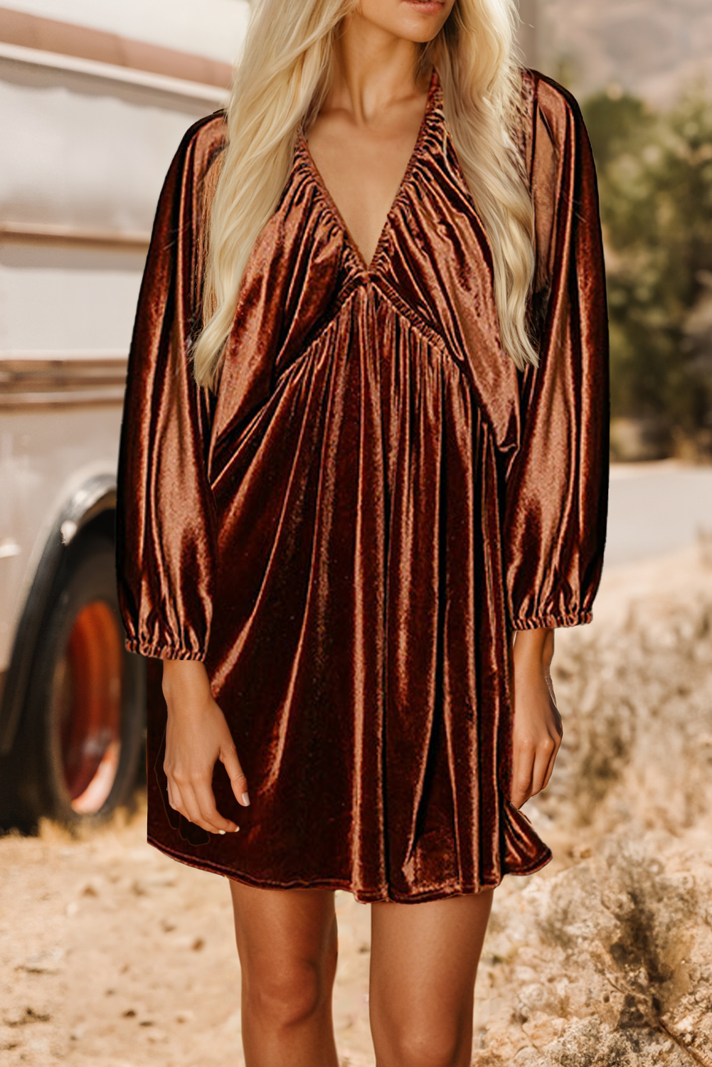 FW6125819-P8017 Fashion-W Elastic V Neck Puff Sleeve Short Velvet Fall Dress: Clay