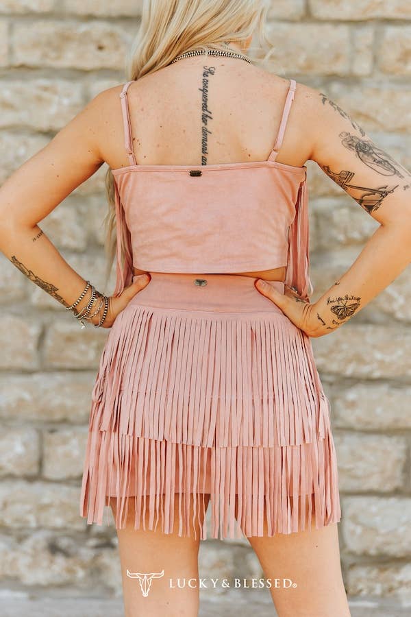 SOFT PINK STRECH SUEDE TIERED TOP SKIRT SET