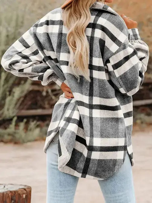 MD9859-BW Navy Blue Plaid Button Flannel Shirt Jacket: Black and white