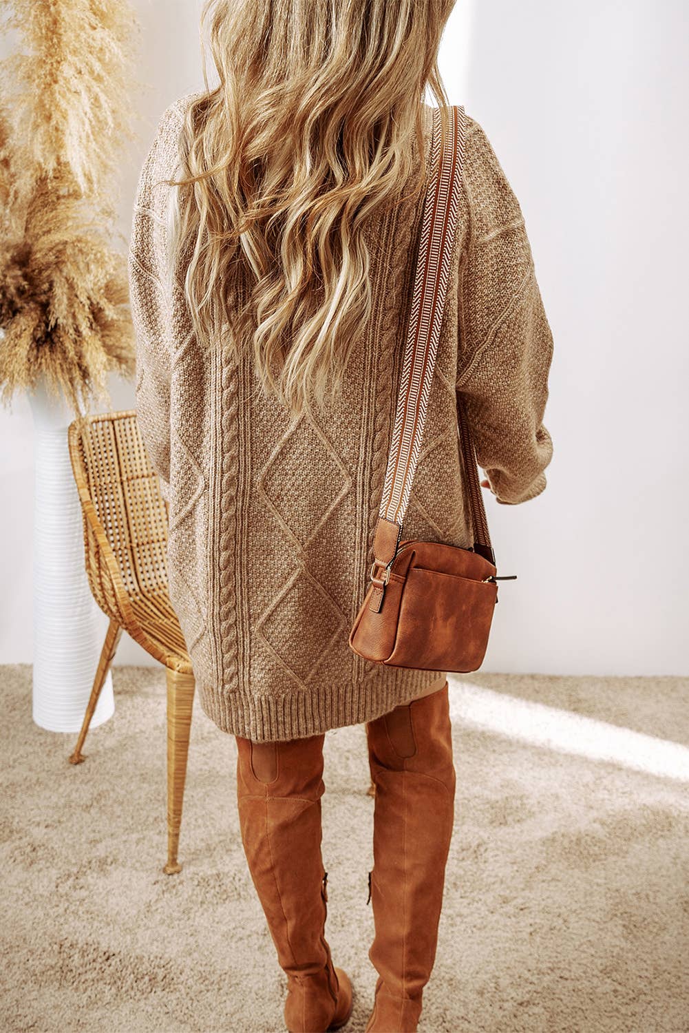 LD273764-P6016 LDC Cable Knit Drop Shoulder Loose Fit Sweater Dress: Parchment