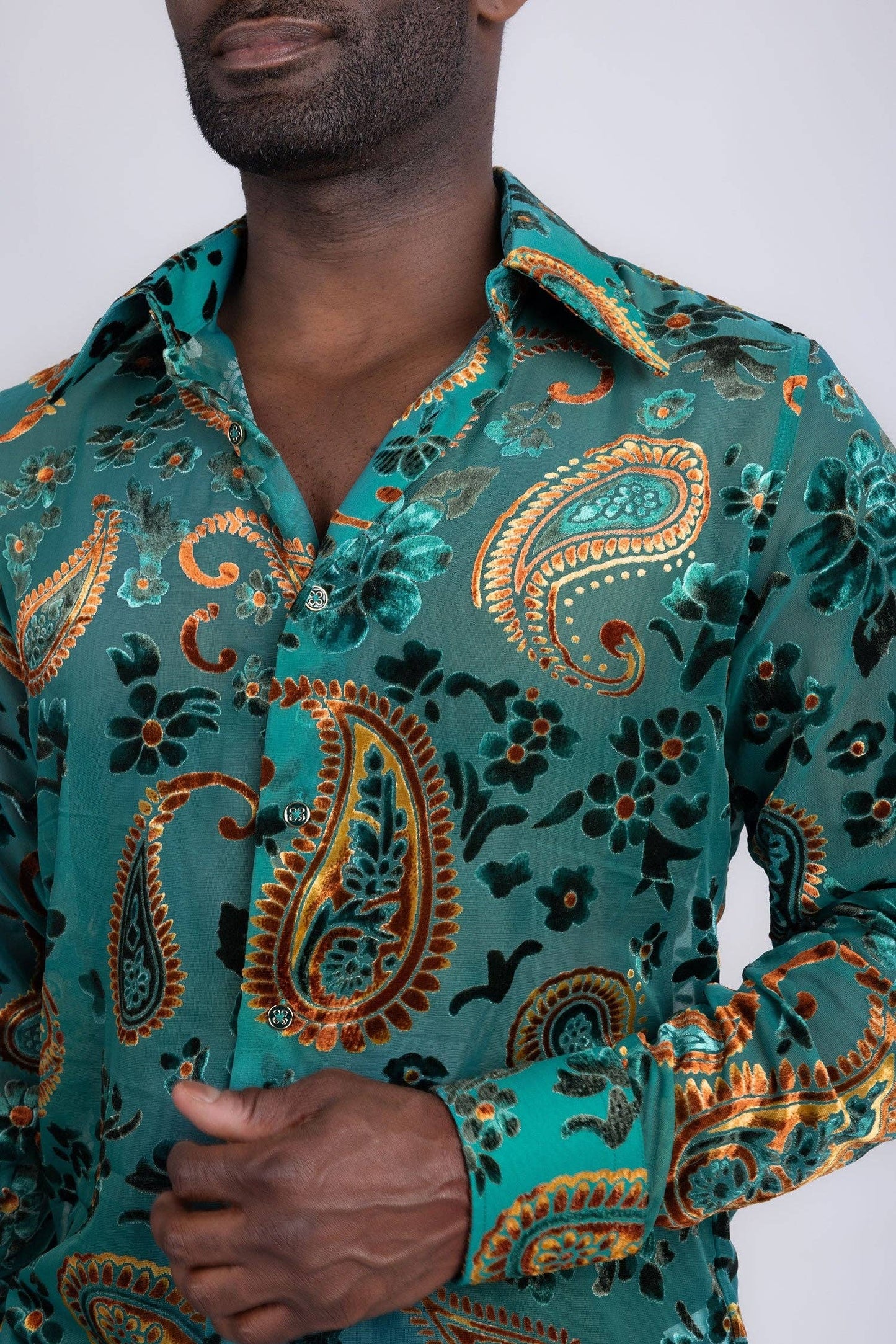 Bund Paisley Long Sleeve Shirt: -TEAL