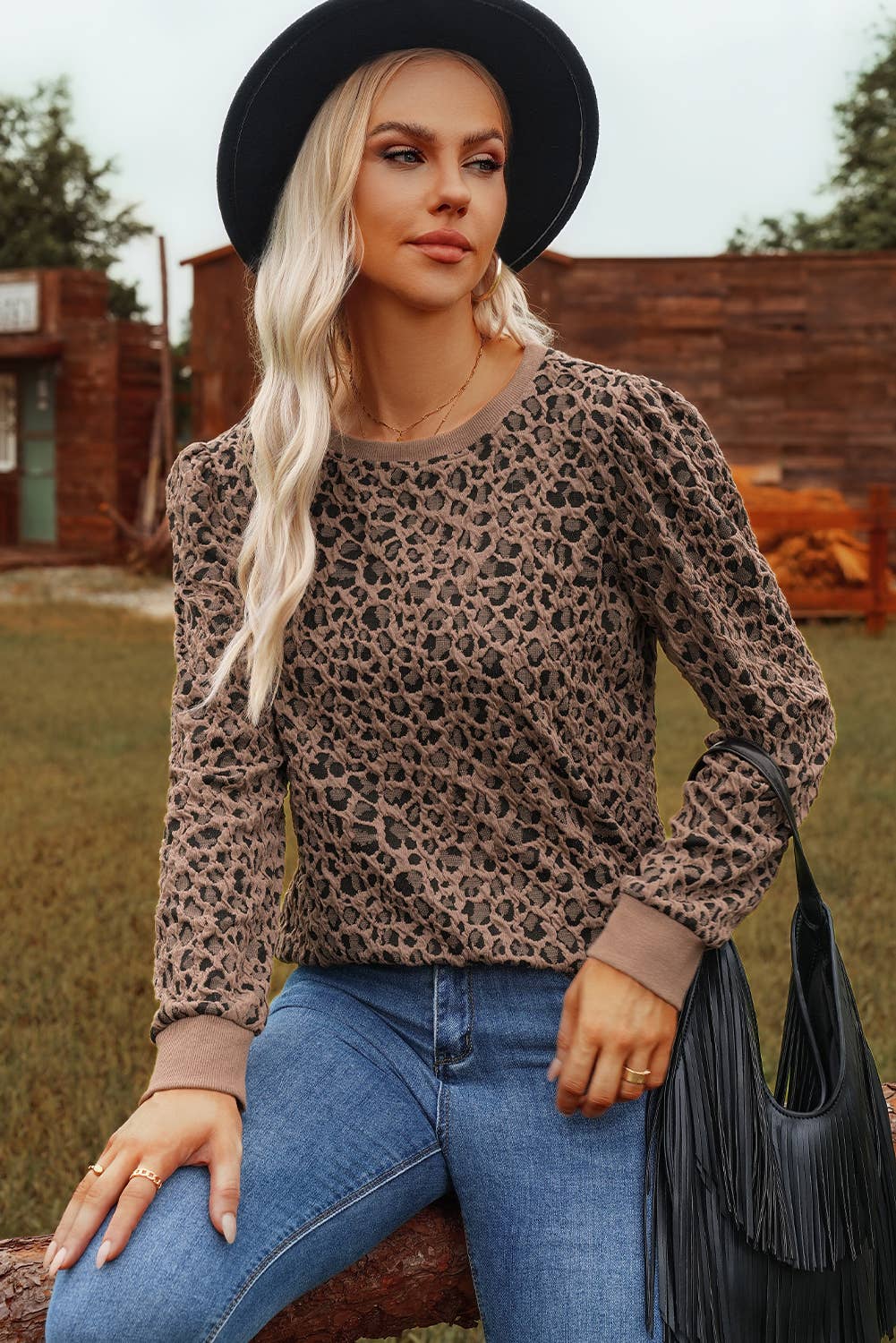 FW25133419-P1620 Western Ribbed Trim Leopard Print Long Sleeve Top