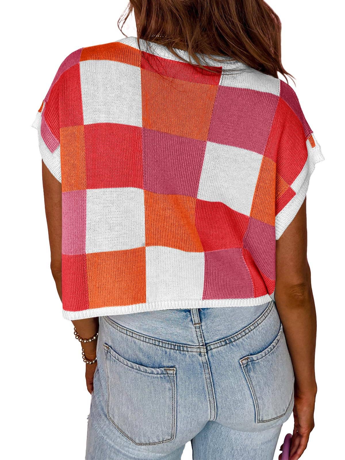 MD263-14 Colorblocked Sweater Vest Crew Neck Knit Trendy Pullover Vest: Orange