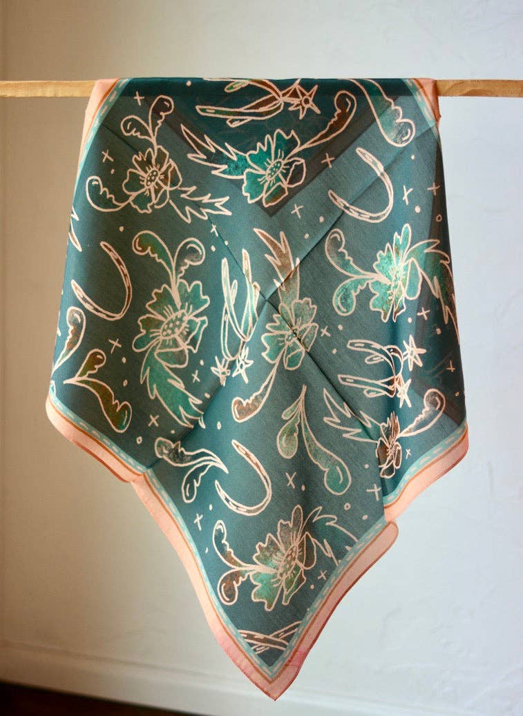 SPURS AND FLORAL TURUOISE AND PEACH WESTERN SILK WILD RAG SCARF