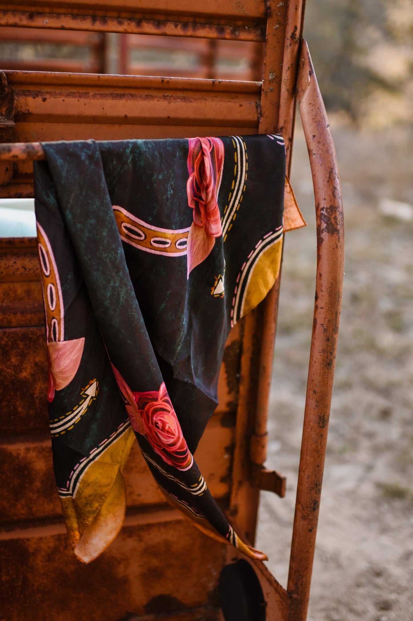 RODEO ROSE IN MIDNIGHT WILD RAG WESTERN SILK SCARF