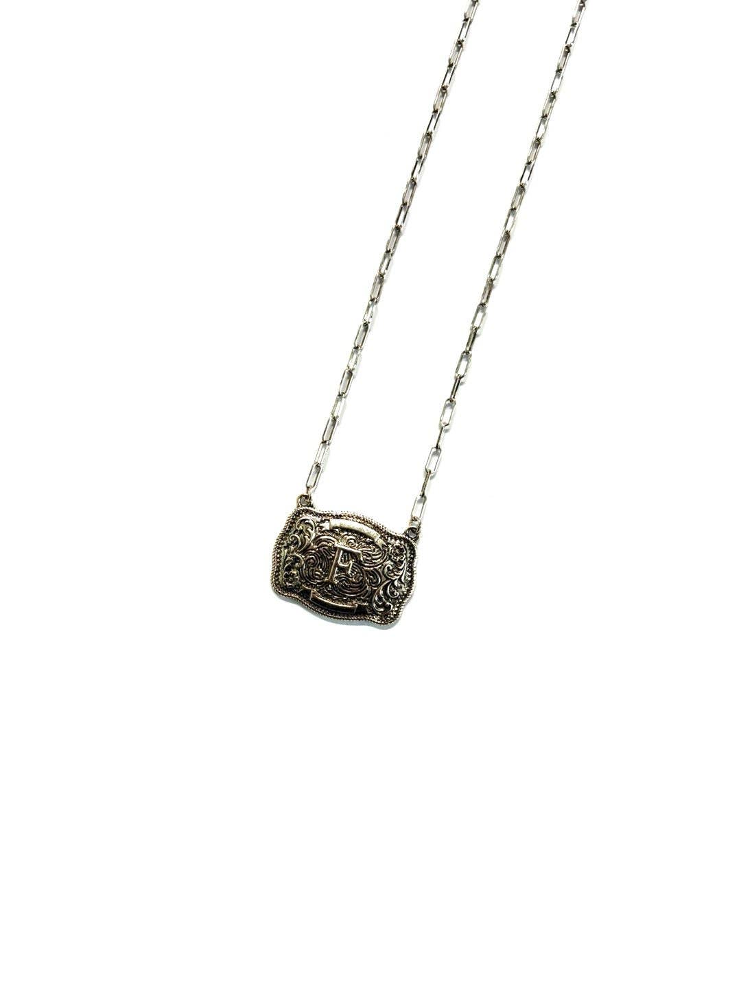 Western Belt Buckle Initial Necklace: P