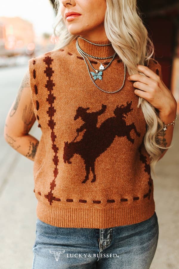 LUCKY & BLESSED CAMEL BROWN KNIT HOWDY STITCHED SLEEVELESS SWEATER VEST
