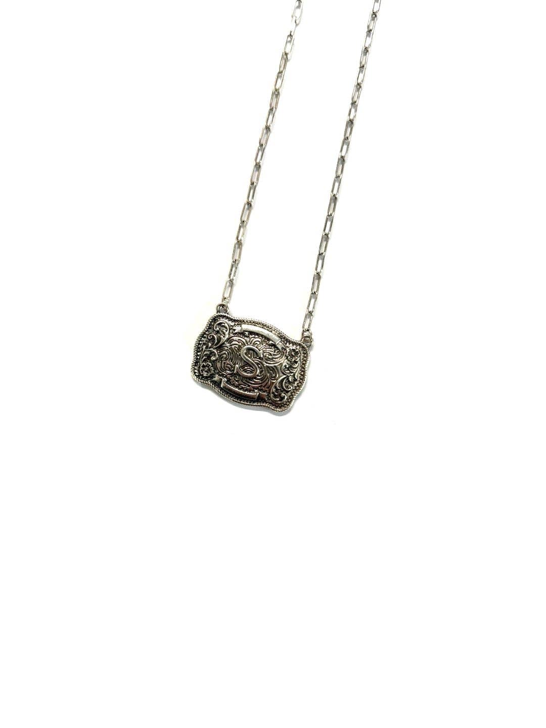 Western Belt Buckle Initial Necklace: V