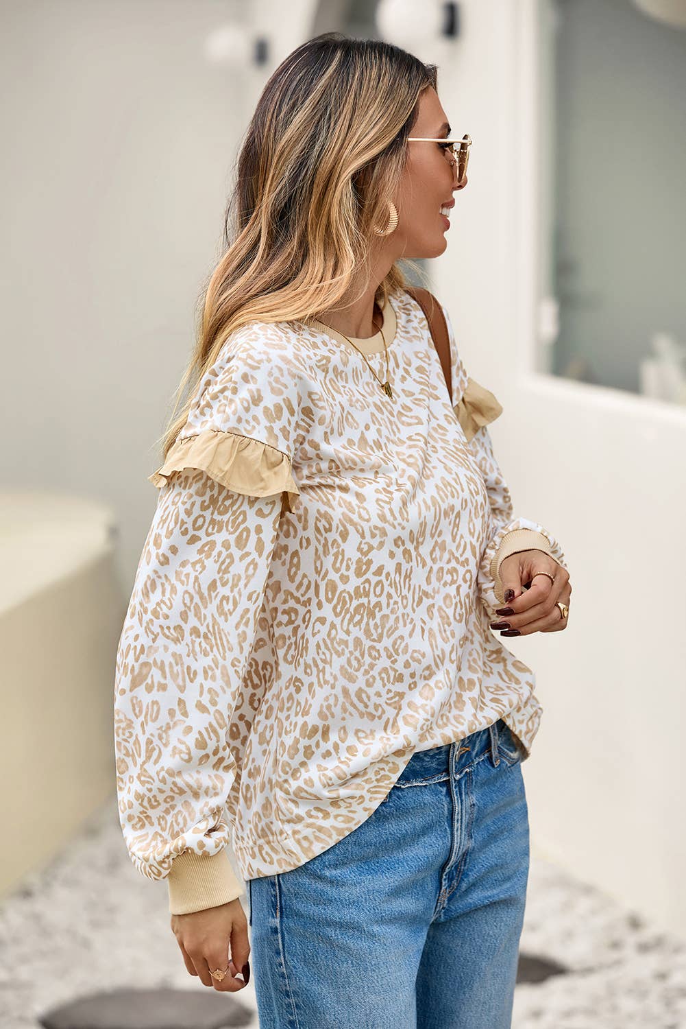 LD25319704-P1620 LDC Ruffle Detail Leopard Round Neck Sweatshirt| S-4X: Khaki