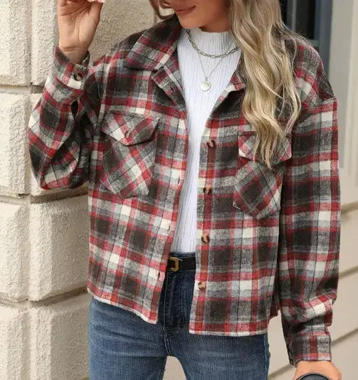 HLL7013-3 Long Sleeve Loose Pocket Plaid Top Wool Jacket