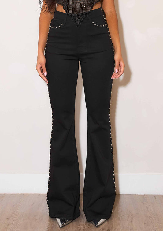 XPT345 High-Rise Flare Jeans With Studs: Black