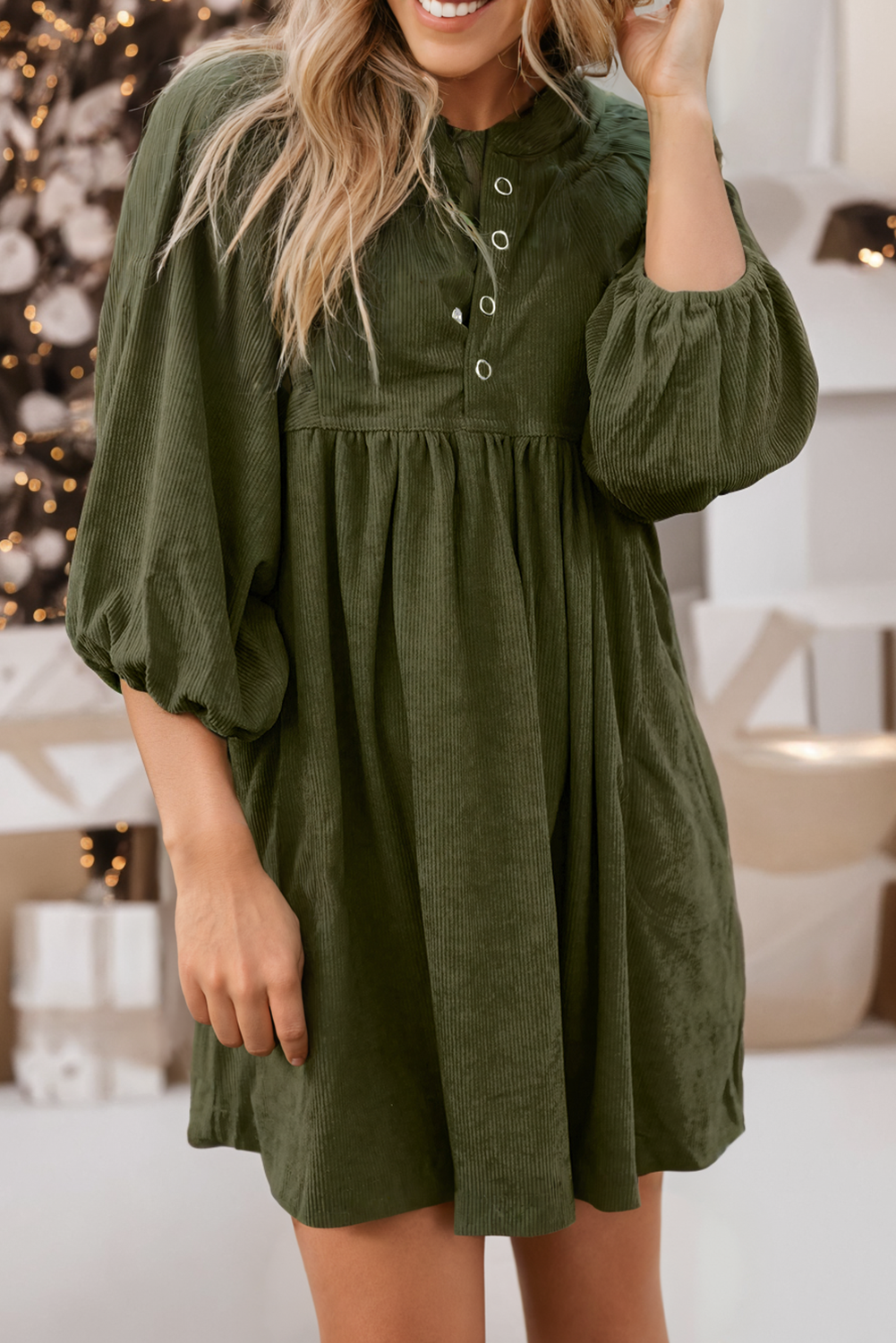 LD6121359-P2409 LDC Corduroy Snap Buttons Empire Waist Bracelet Sleeve Dress: Vineyard Green
