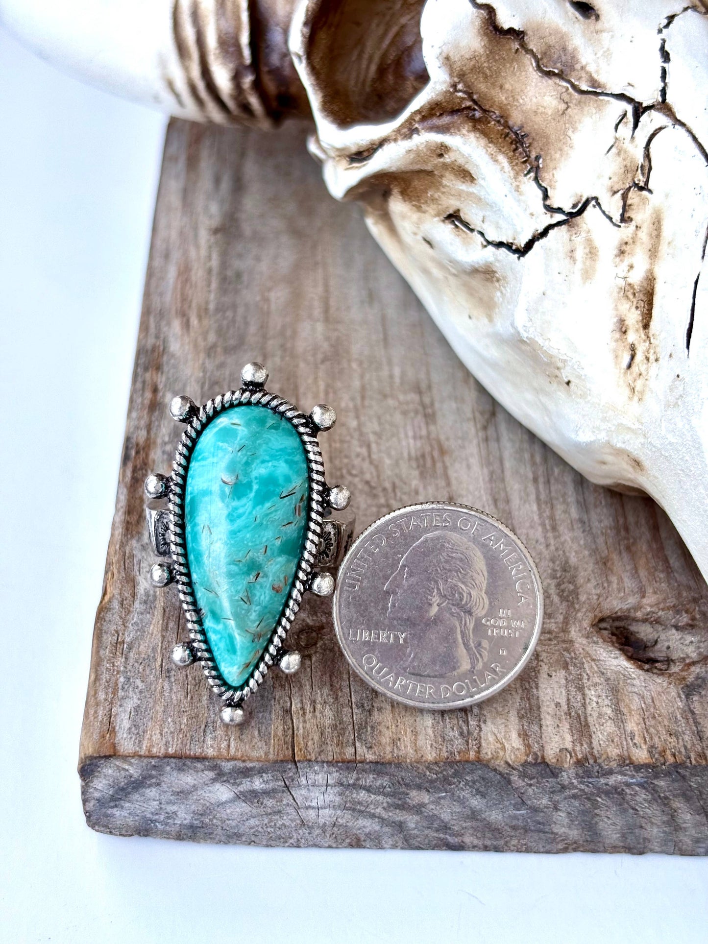 WESTERN STYLE TEARDROP TURQUOISE STONE STRECH RING: TURQUOISE - TEARDROP
