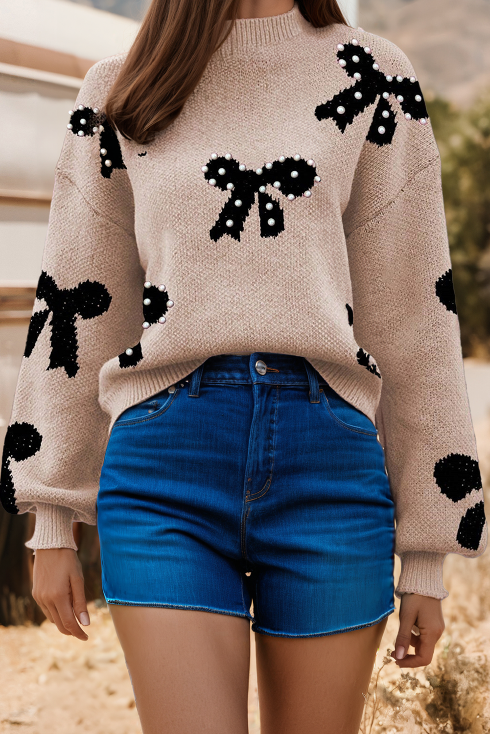 FW2726663-P7016 Fashion Fall Pearl Embellished Bow Pattern Loose Sweater: Smoke Gray