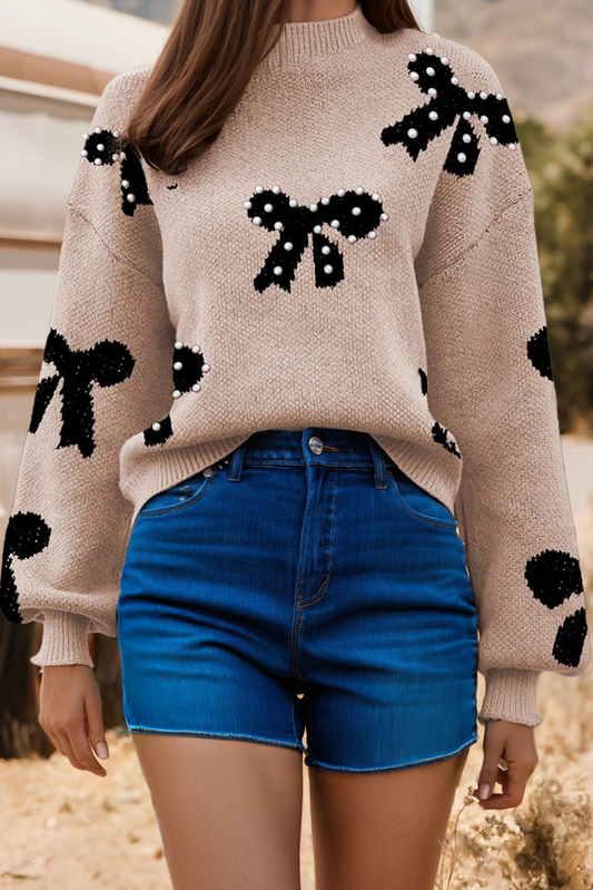 FW2726663-P7016 Fashion Fall Pearl Embellished Bow Pattern Loose Sweater: Smoke Gray