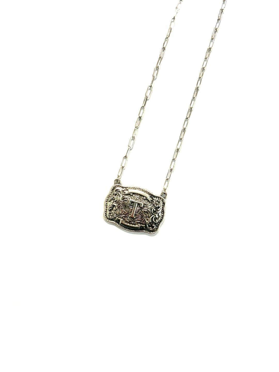 Western Belt Buckle Initial Necklace: E