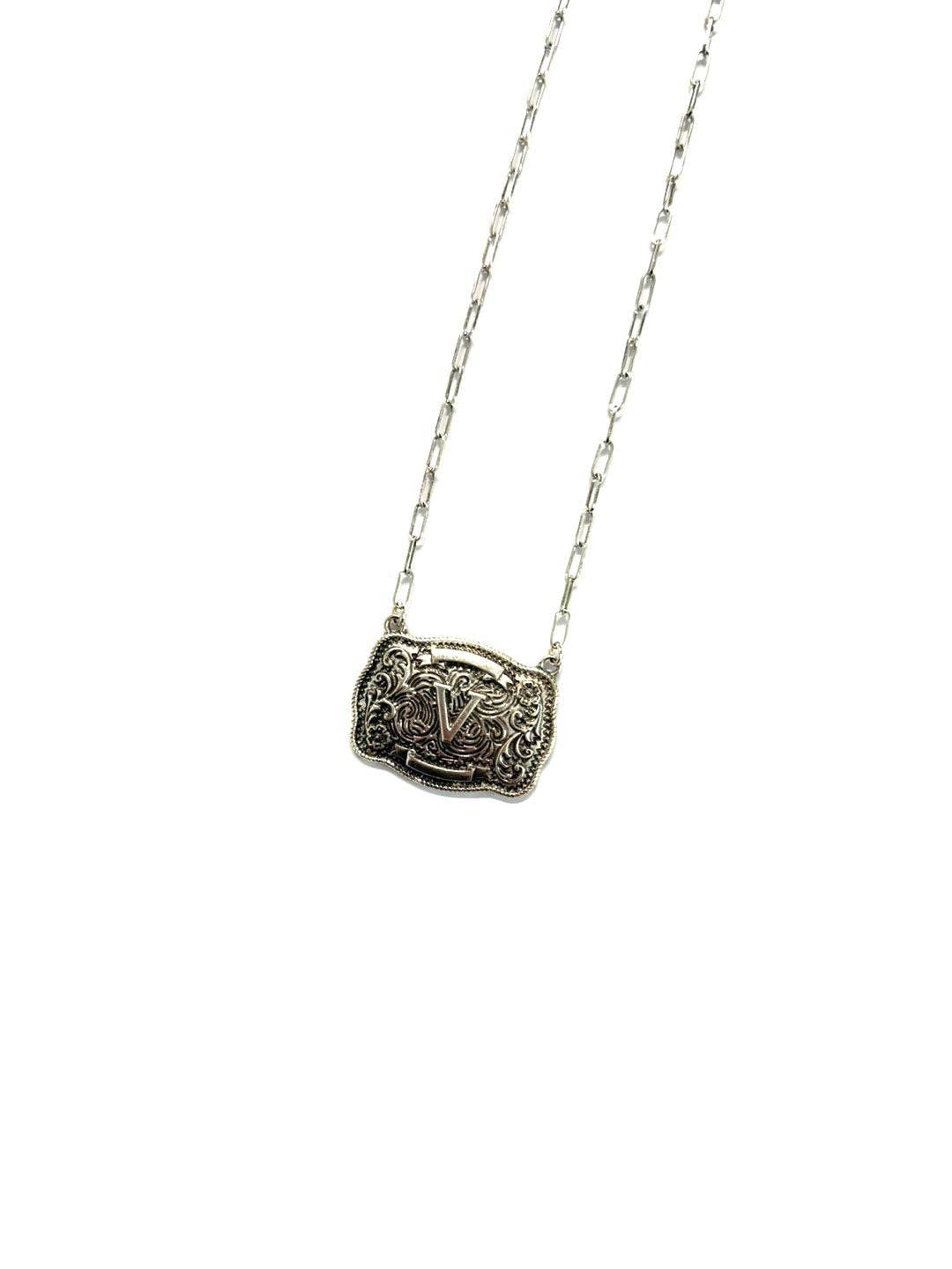 Western Belt Buckle Initial Necklace: D