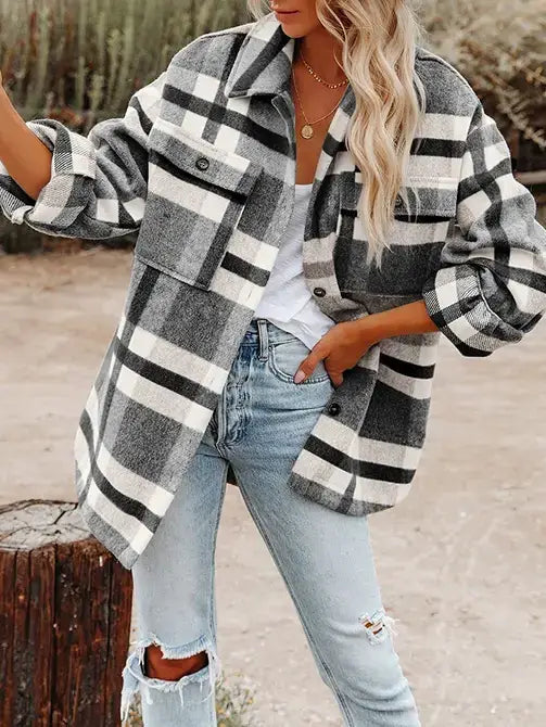 MD9859-BW Navy Blue Plaid Button Flannel Shirt Jacket: Black and white