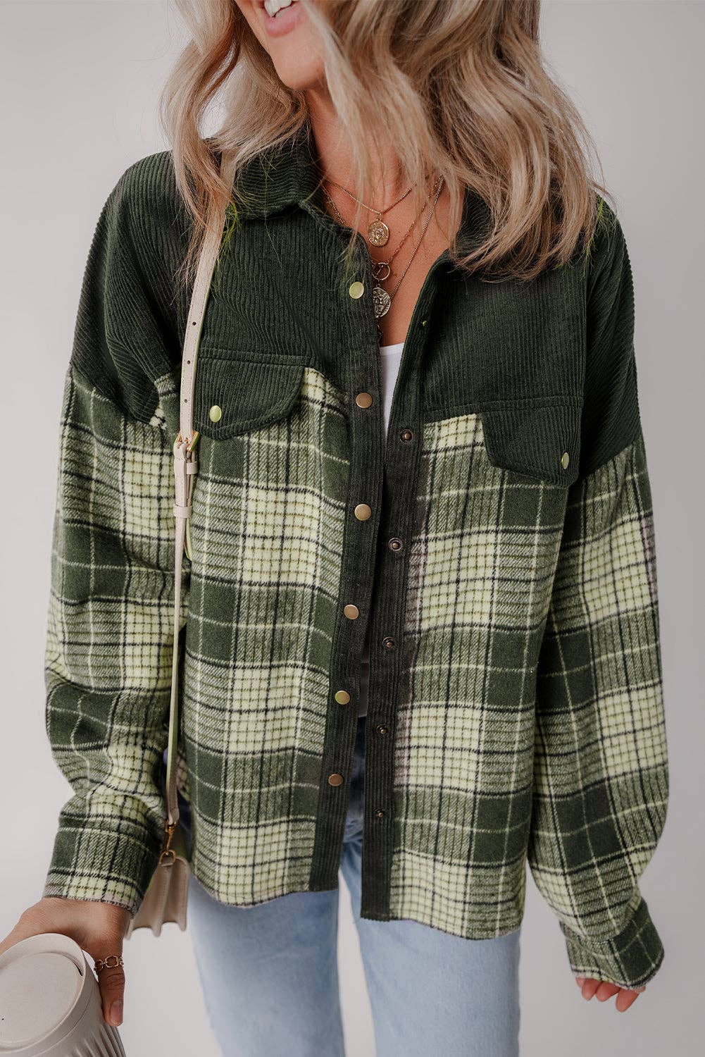HY854726-P309 Blackish Green Snap Buttons Colorblock Plaid Shacket