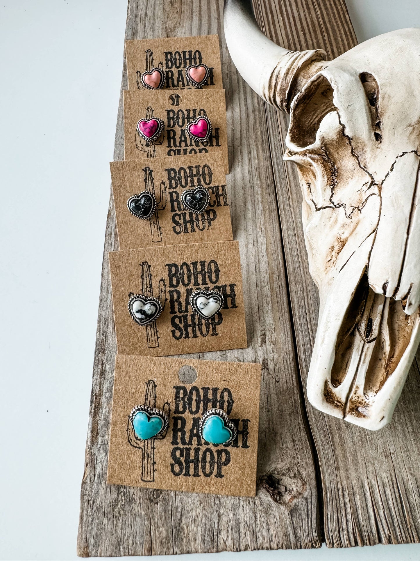 Western Mini Stone Stud Earrings - Heart Square Circle Bar: HEART - PINK