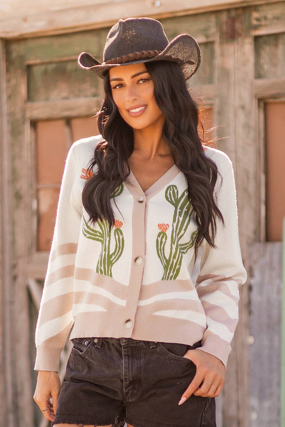 FW2712401-P1820 Fashion-W Western Cowgirl Fashion Cactus Sweater Cardigan: As shown / Missy