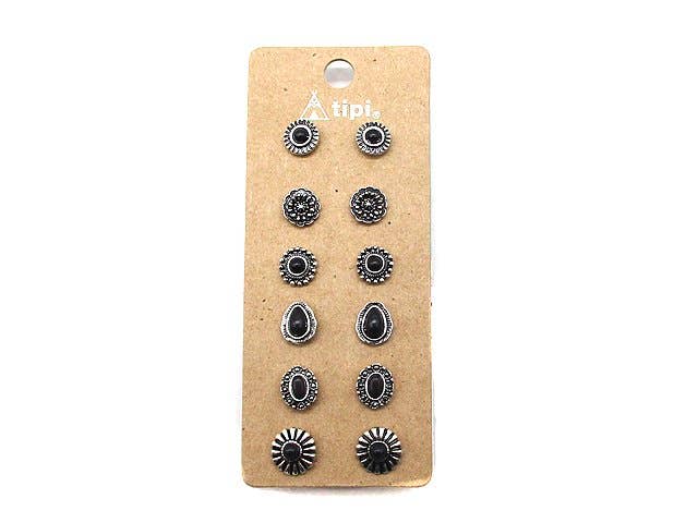Western 6 Dainty Post Earring Set: Black