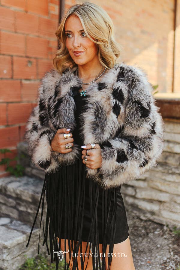 Taupe Grey Marbled Faux Fur Fringe Statement Jacket