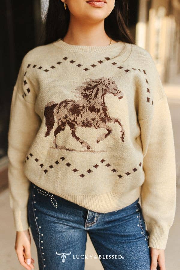 Cream Running Horse Knit Printed Long Sleeve Sweater