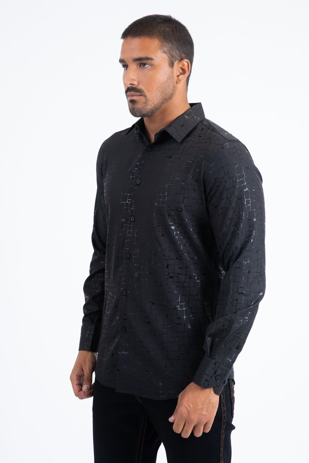 FPL11508 PLATINI MENS MODERN FIT STRETCH FOIL FASHION BLACK SHIRT