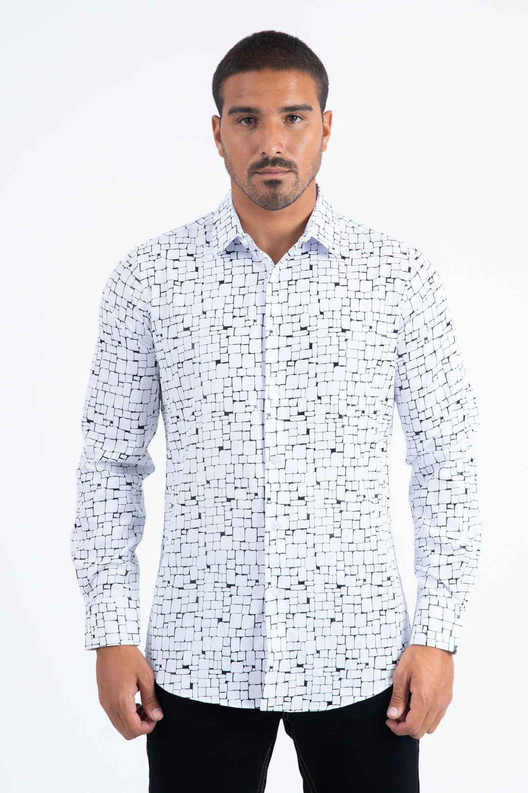 FPL11509 PLATINI MENS MODERN FIT STRETCH FOIL FASHION WHITE SHIRT